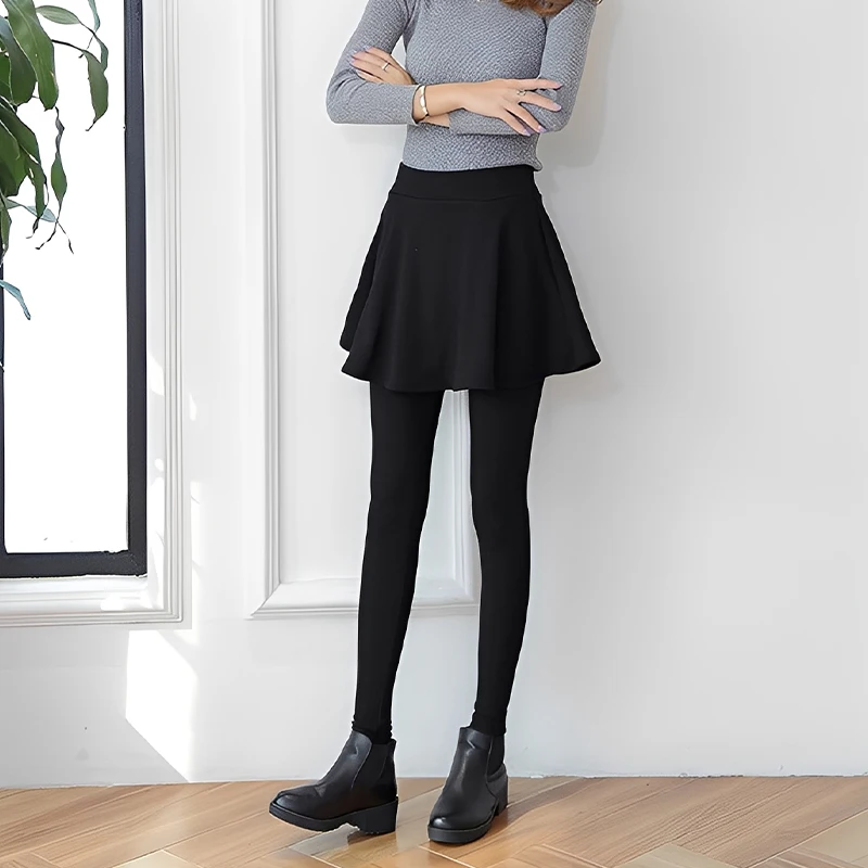 2025秋冬新作 フェイクツーピース プリーツスカート スカート付き 大きなスイング裾 レディース プラスベルベット 厚手