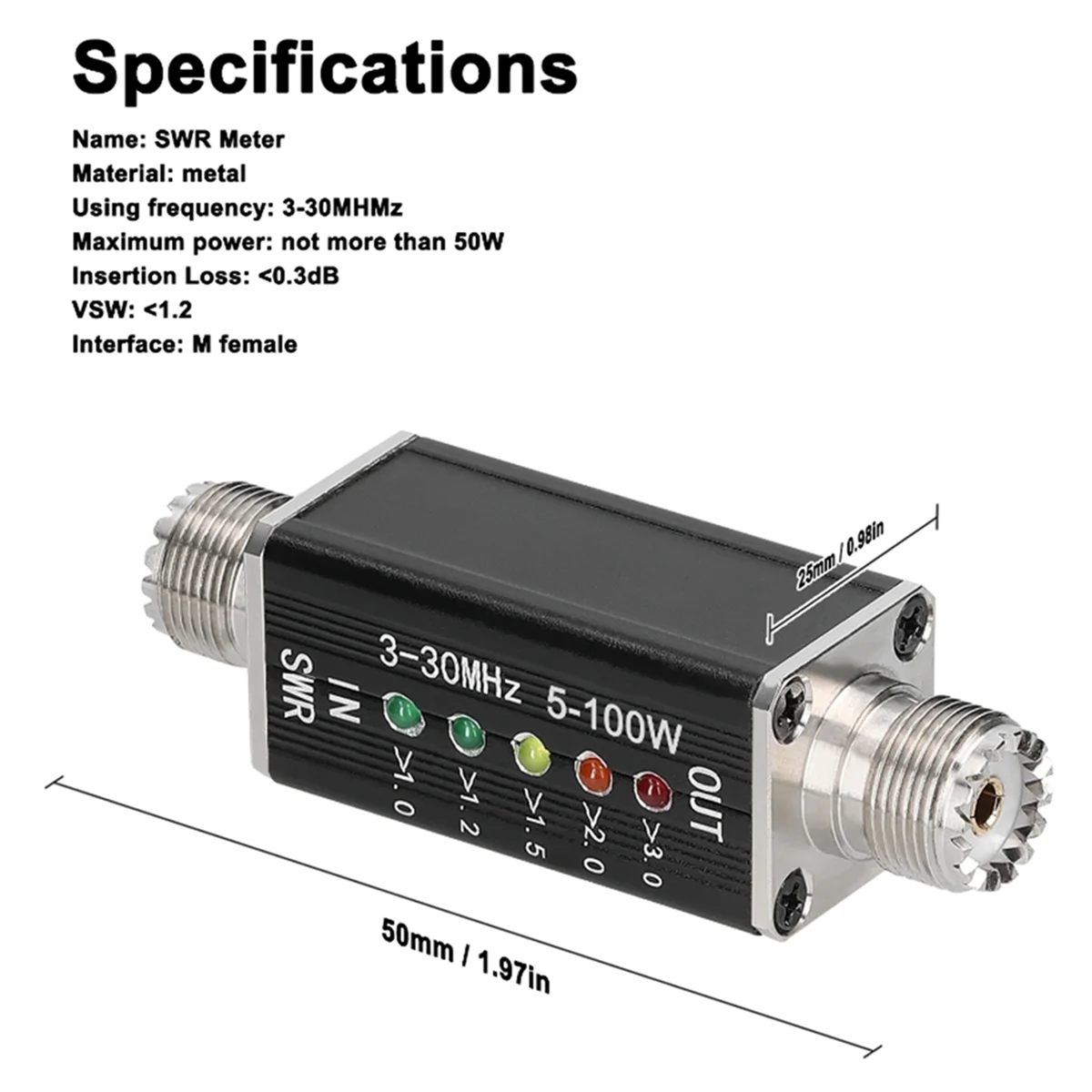 LED SWR Meter 3-30MHz Frequency Shortwave Standing Waves Indicator with 5 LED M Female Interface