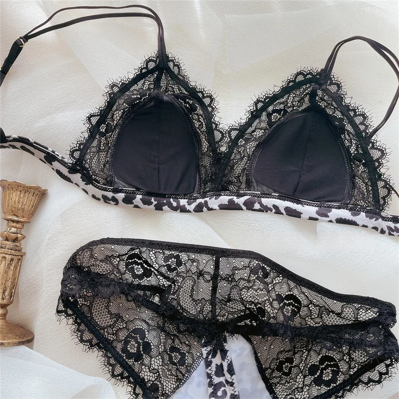 French Ultra-thin Bra Set Sexy Leopard Lace Style Women Underwear Wire-Free Triangle Cup Comfortable Lingerie and Thong Set