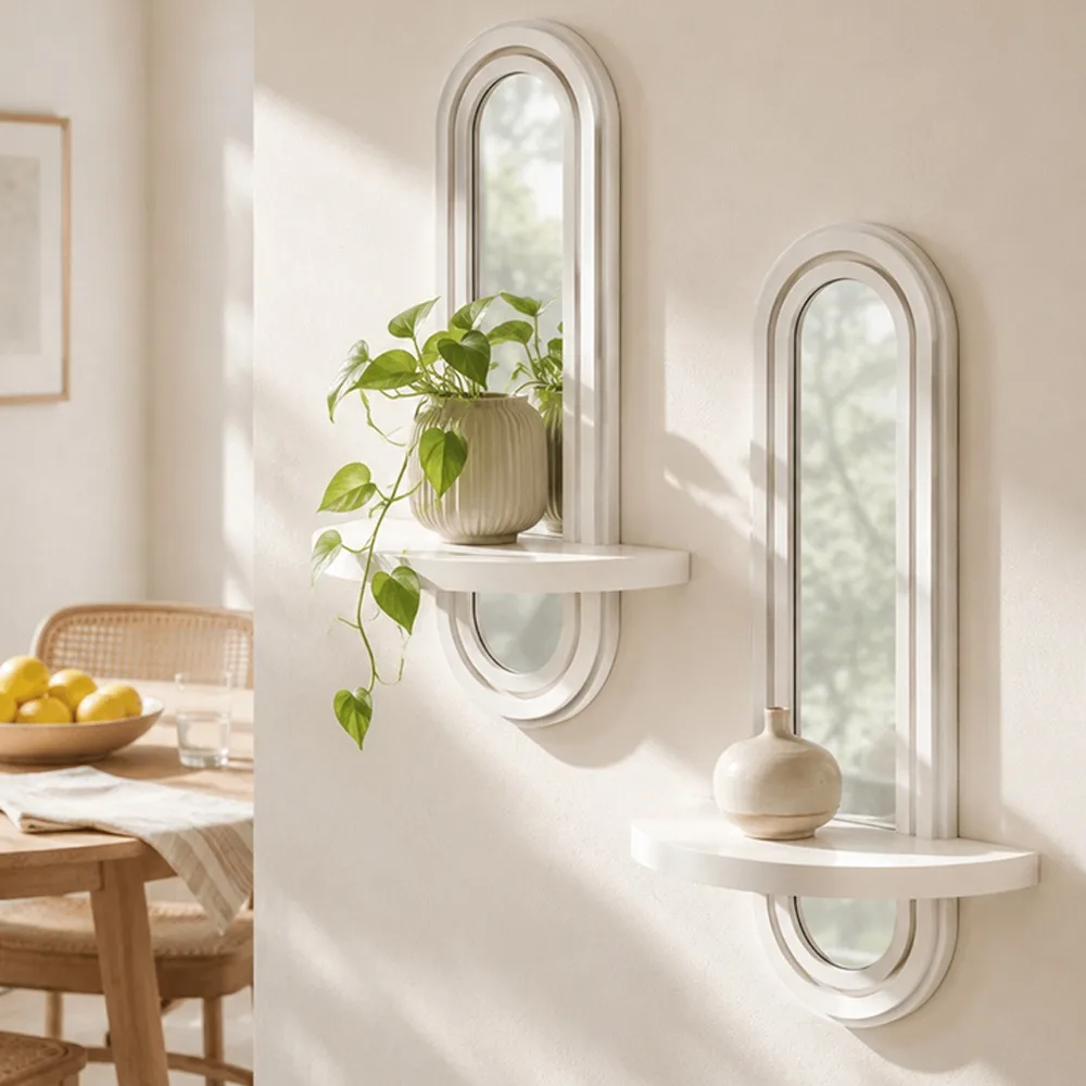 Multifunctional Boho Wall Mirror Arched Space-Saving Wooden Wall Shelves Acrylic Decorative Plant Display Stand