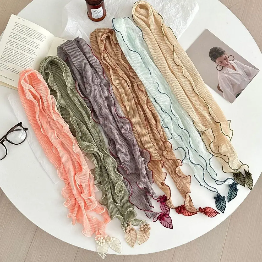 Solid Color Crushed Silk Scarf Leaf Pendant Frilled Edge Small Neckerchief Artistic Design Wrinkled Silk Neckerchief