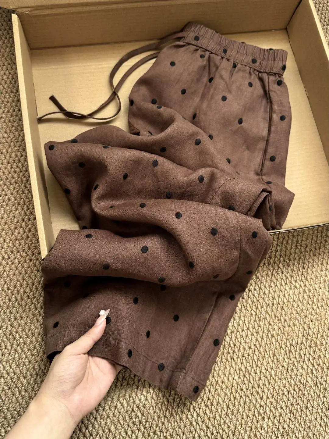 Retro Chic Brown Polka Dot Elastic Waist Linen Wide Leg Pants Women Summer Thin Loose Drape Casual Long Trousers