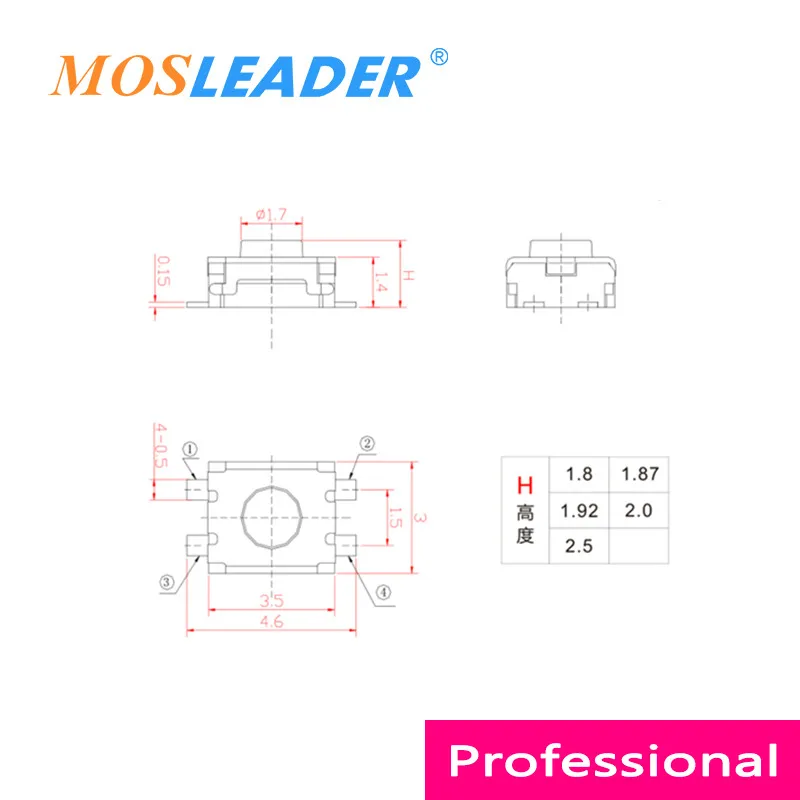 Mosleader 1000pcs 3*4*2 3x4x2 Tact Switch 2P 4P 2 Pin 4 Pin SMD Small Little Turtle Switch Micro Button No location Bulk Tape