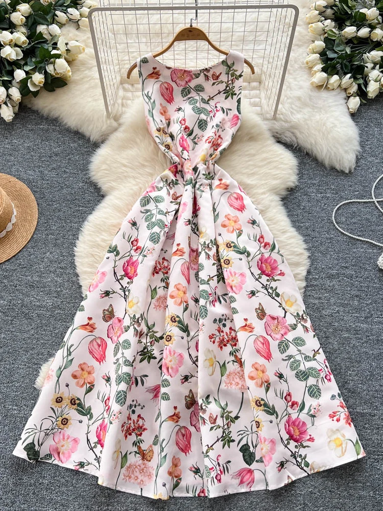 

2025 Retro Sleeveless Elegant Floral Print Slim Long Dress Formal Party Club