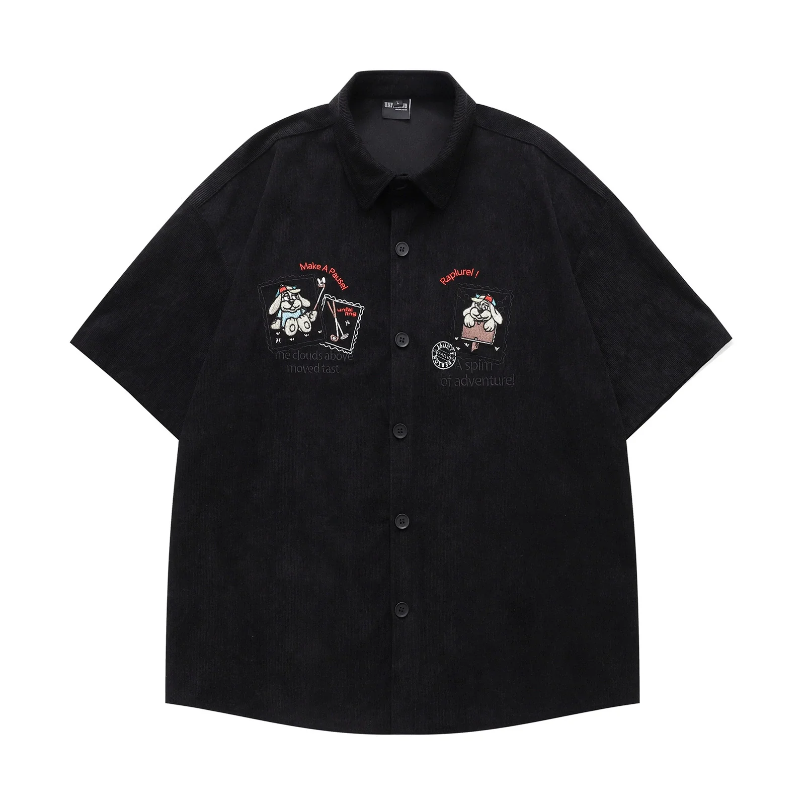 Retro Corduroy Short Sleeve Shirts Mens Cute Dog Embroidery Summer Casual Loose Lapel Single Breasted Curved Hem Shirts Man New