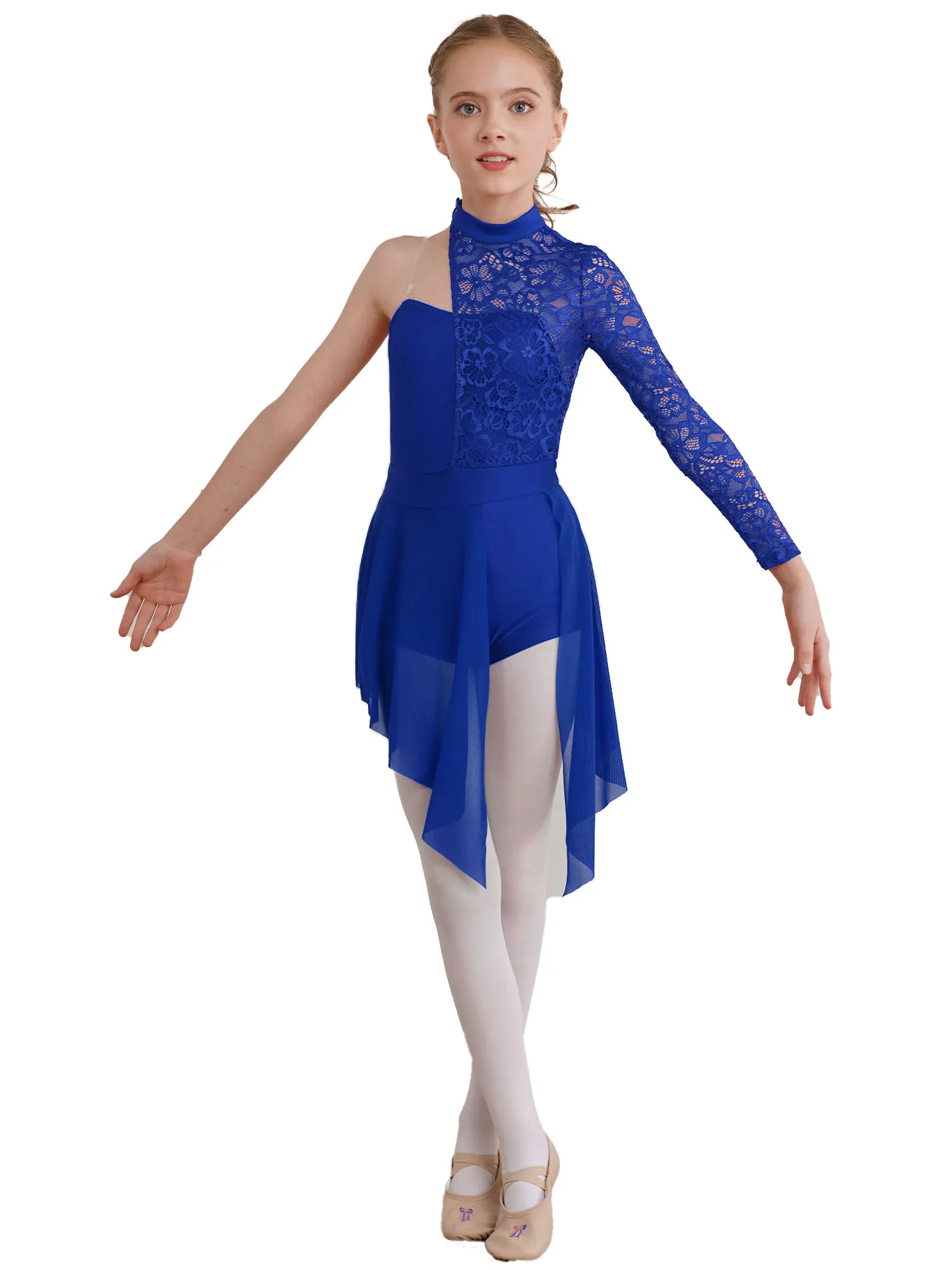 Vestito da ballo lirico per bambina, pizzo floreale, monospalla, asimmetrico, pattinaggio di figura, ginnastica, body, tuta intera