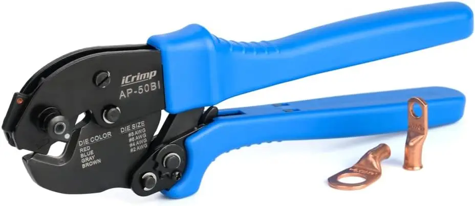 

Heavy Duty Battery Cable Ring Terminal Crimper for 8, 6, 4, 2AWG Copper Lugs and Wire Ends
