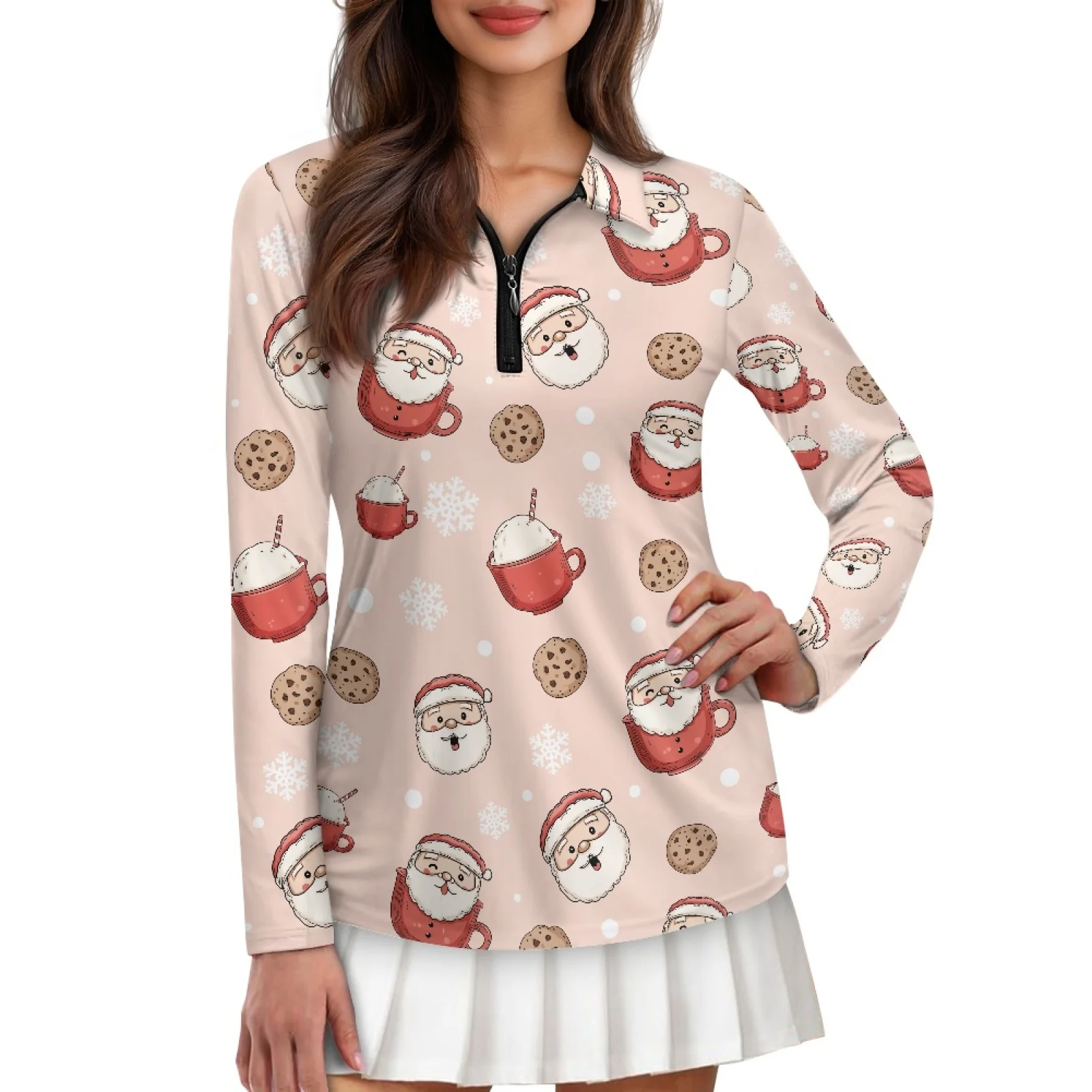 PENSTROLL Womens Christmas Santa Cookie Mesh Golf Shirts, Stretch Athletic Polo Tops for Hiking Running Tennis