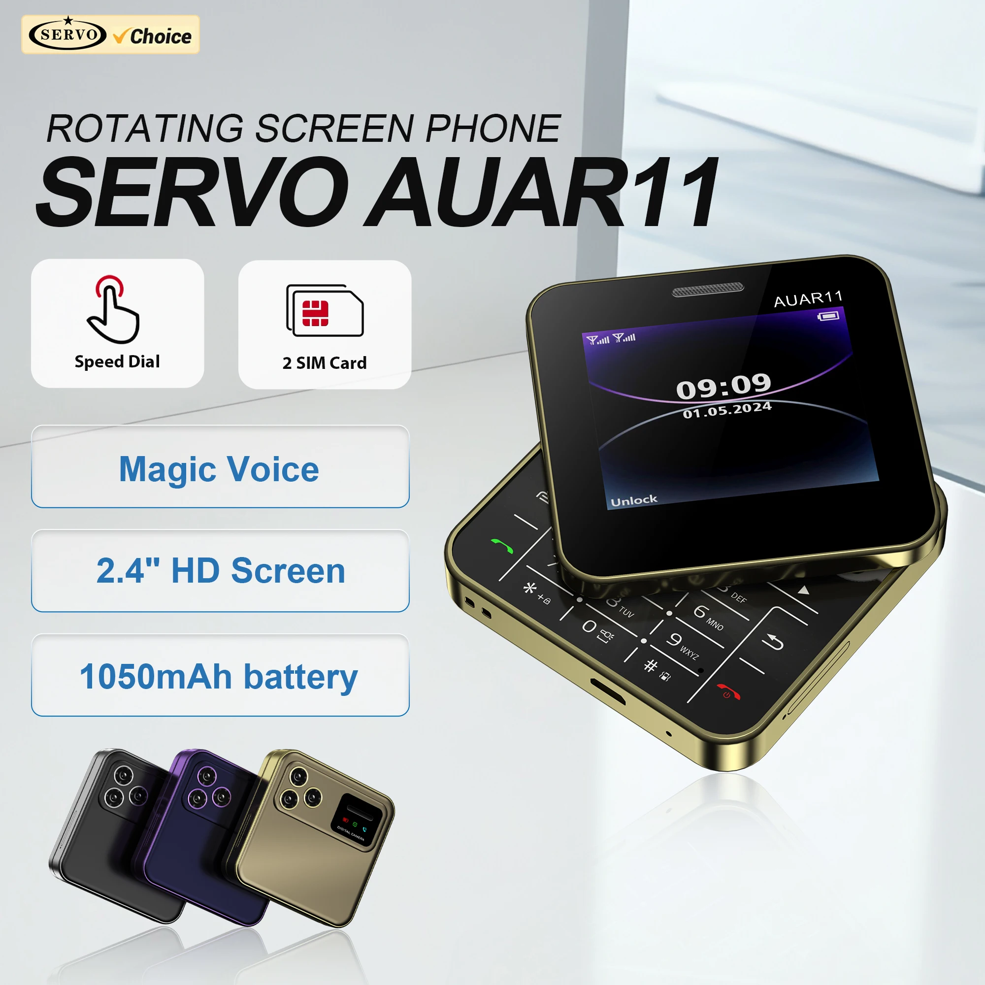 SERVO AUAR11 Rotating Screen Mobile Phone Speed Dial Magic Voice Blacklist Rear Camera Wireless FM Dual SIM 2G Feature Cellphone