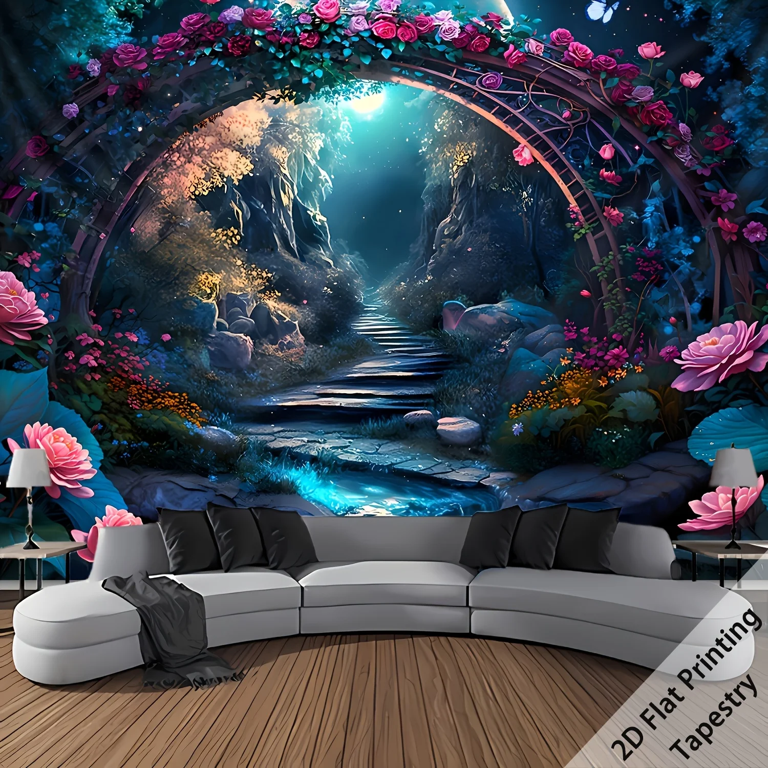 ream Flower Arch Tapestry, Enchanted Blossom Tunnel Landscape Wall Hanging for Living Room and Bedroom Decor,