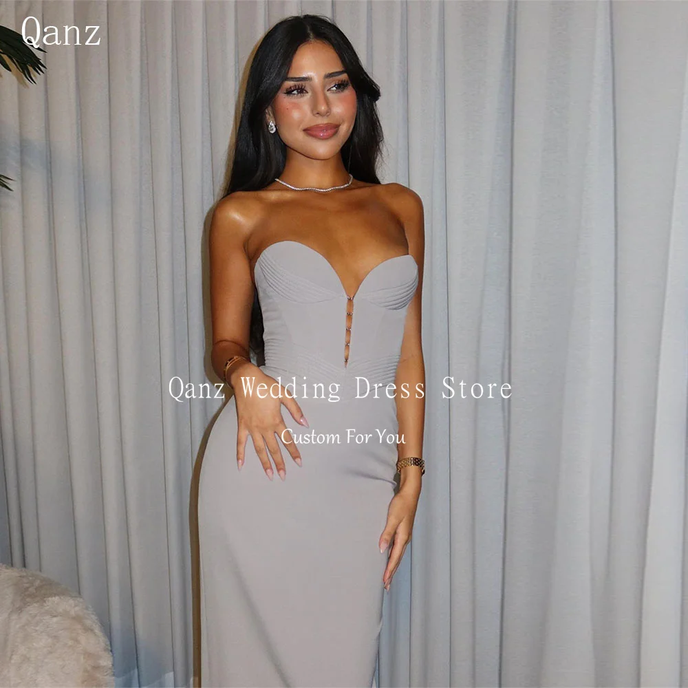 

Qanz Silver Satin Prom Dresses Mermaid Modest Sweetheart Evening Dresses Woman Elegant Backless Vestidos Para Mujer Customized