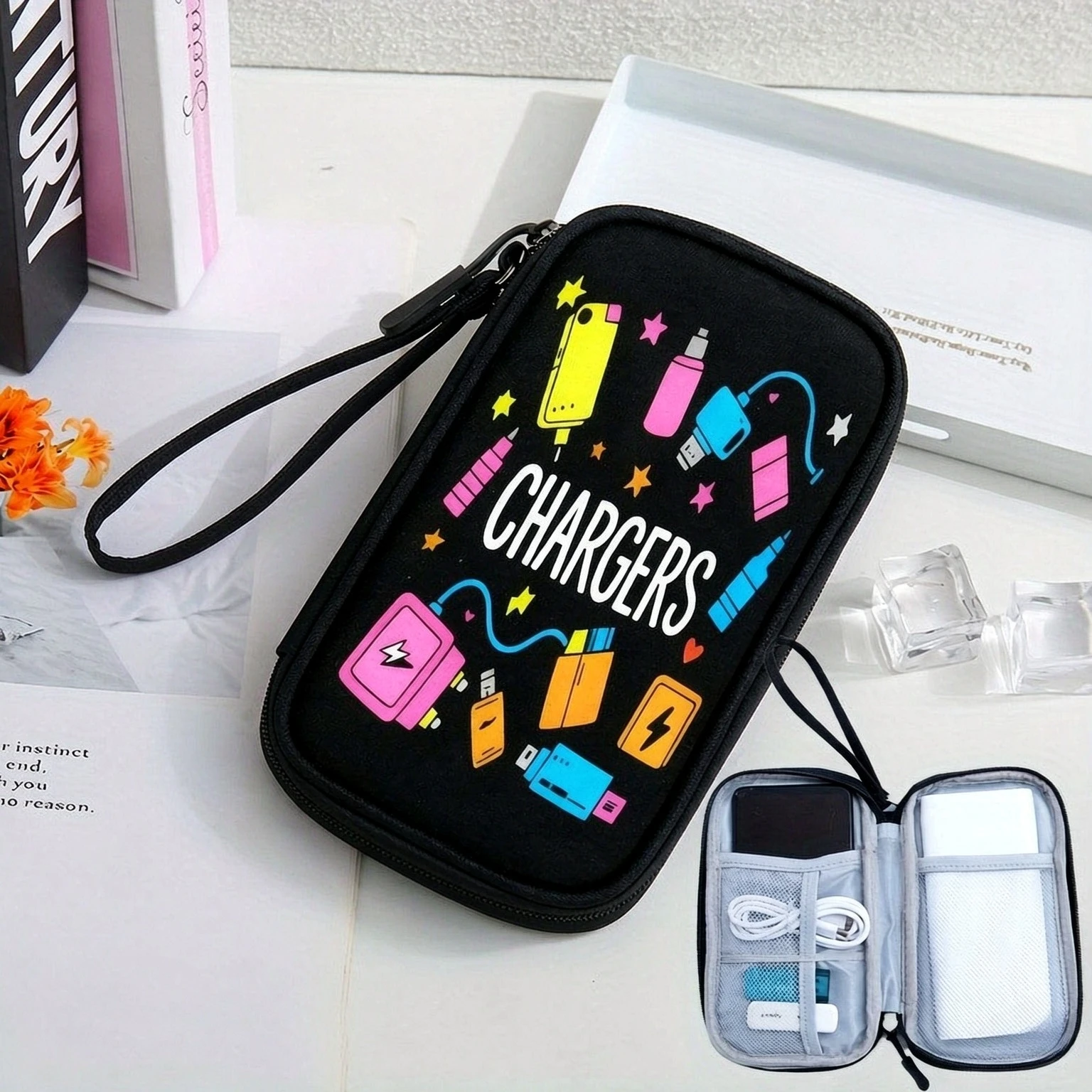 Colorful Chargers Pattern Soft Shell Electronic Organizer, Travel Storage Bag for Cables, Earbuds & Small Gadgets Organizer