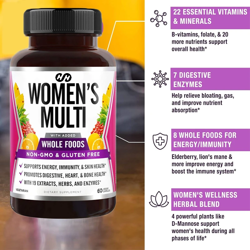 Women's Complex Vitamin 22 Essential Nutrients, Fruits and Vegetables Enhance Energy, Immunity, and Heart Health 60 Capsules