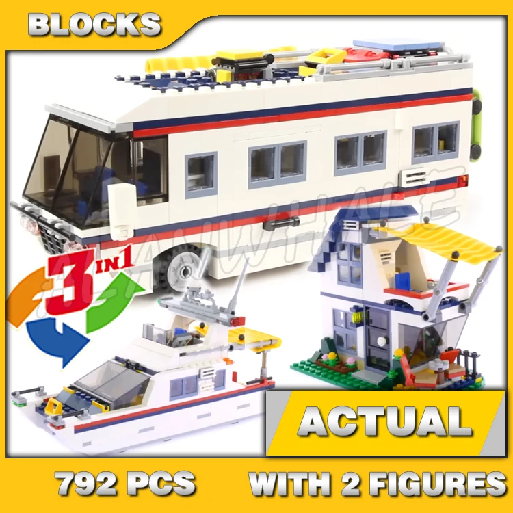 

792pcs 3in1 Creative Vacation Getaways Camper with Trailer Summer Home Yacht 3117 Building Block Toy Compatible With Model