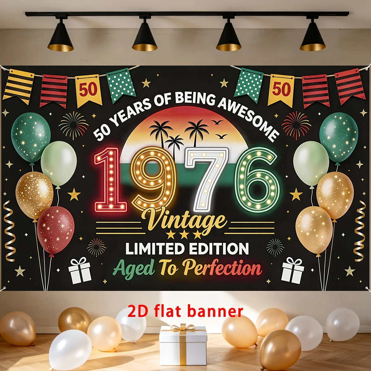 2D floor plan, party banner, single piece, 50th anniversary celebration background banner, 1976 retro neon design drawing