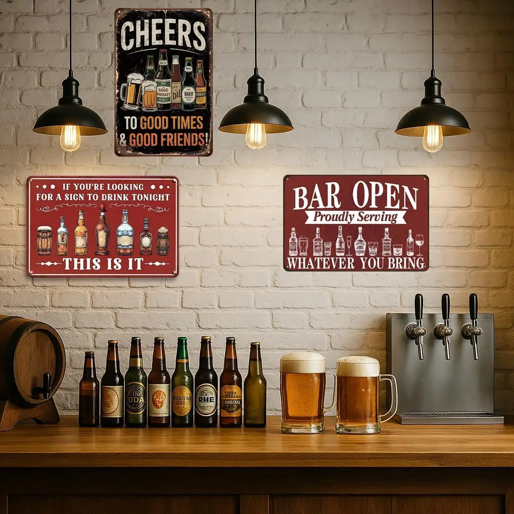 3pcs Vintage Pub Bar Tin Signs 8X12 Inch, Funny Bar O Metal Signs for Home Bar Wall Decor, Retro Pub, Man Cave, Garage, Basement