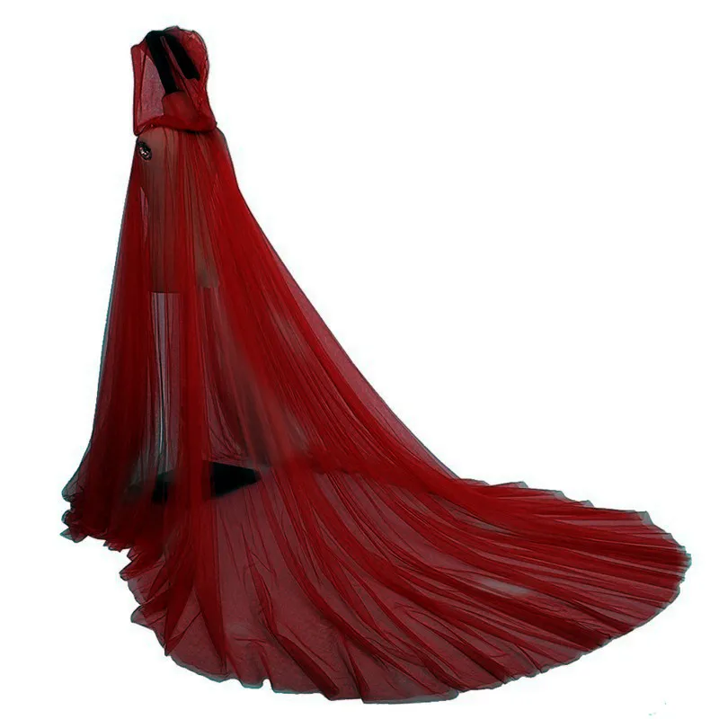 Halloween Costume Hood Tulle Cape Cloak Black White Red Wedding Bridals Floor Length Soft Mesh Cloaks  for Women