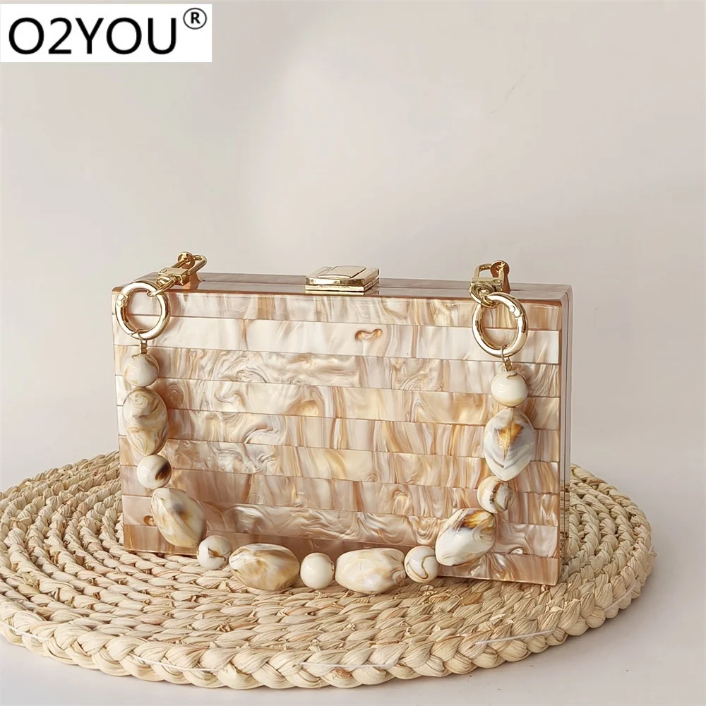 Pearl Light Brown Marble Striped Acrylic Box Clutch Evening Wedding Party Bride Purse Bags Handbag Gif Summer Mini Female Flap