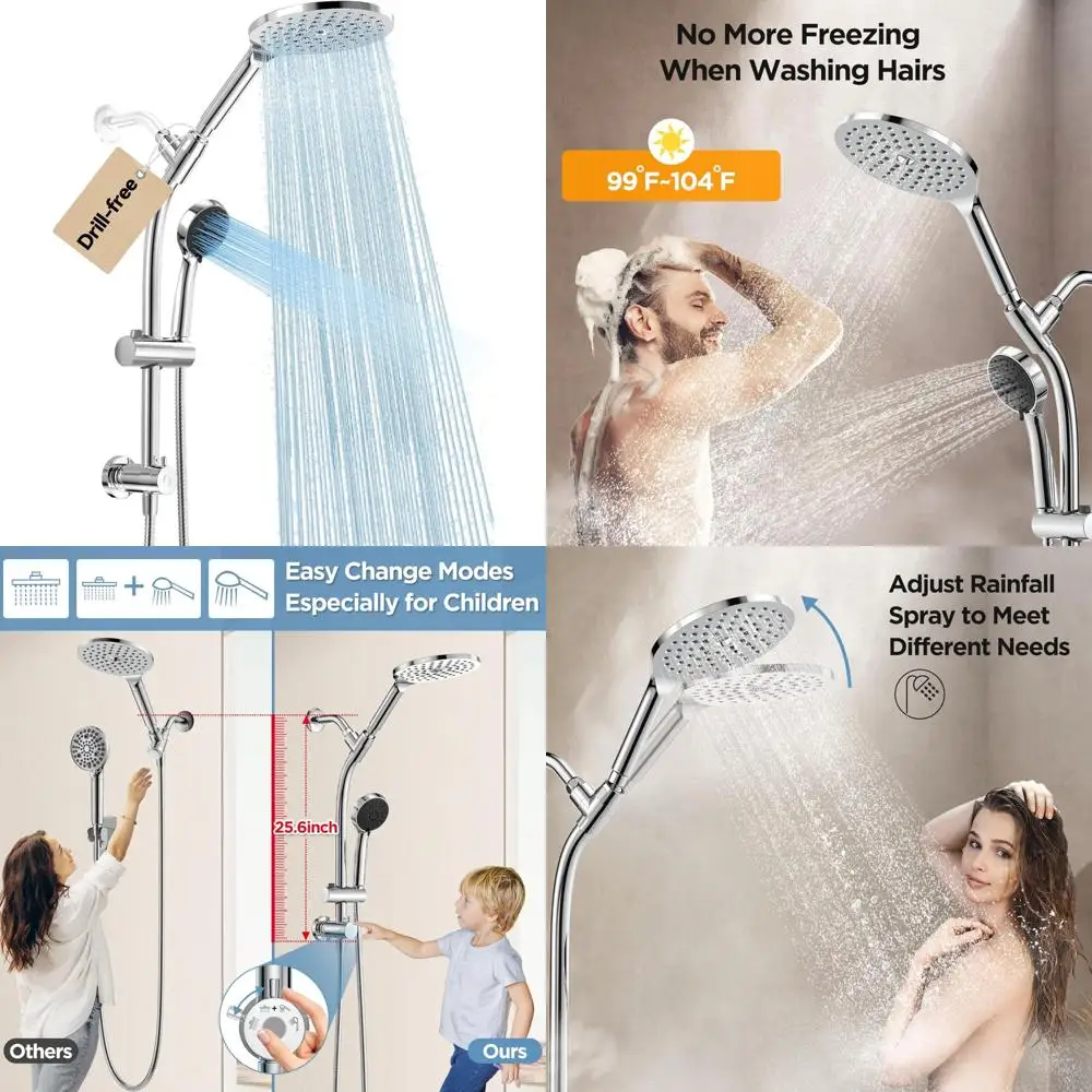 

Двойная душевая система с ручным управлением и опциями осадков, трехпозиционным переключателем и направляющей из нержавеющей стали.