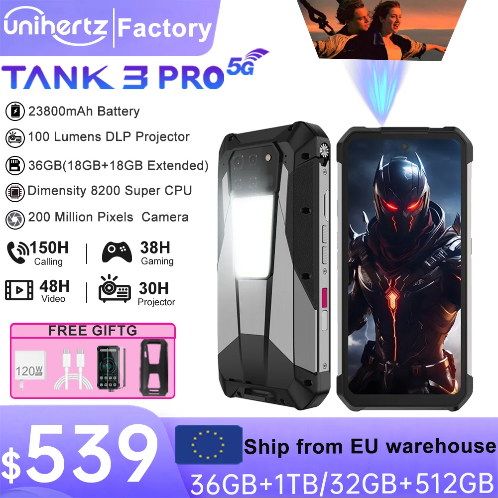 Unihertz Tank 3 Pro 8849 Projector Smartphone Android 14 5G Phone, 32GB 512GB, 200MP Camera, Dimensity 8200, IP68, Bluetooth 5.3