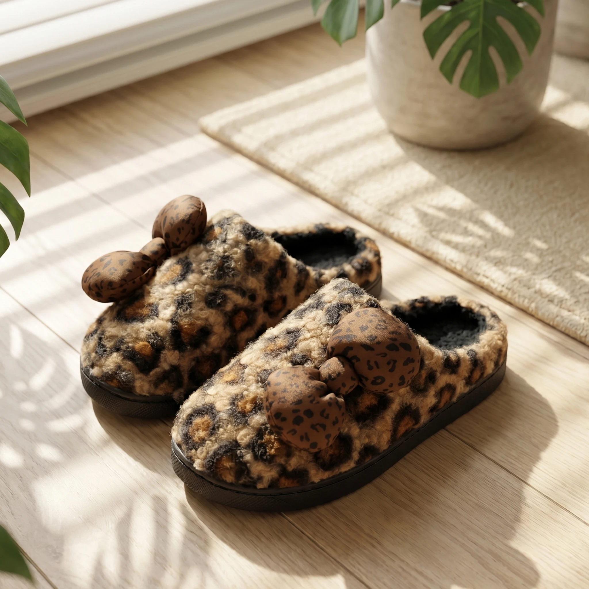 2026 Autumn/Winter New Retro Leopard Print Plush Clog Slippers for Women with 3D Bow Decoration, Home Slippers with Thick Soft Curly Fur Fabric, Non-Slip and Wear-Resistant Rubber Thick Sole, Indoor Floor Silent Slippers, Light Luxury Style, Versatile for Outdoor Wear, Furry Slippers, Couple's Warm Home Shoes, European and American Bestsellers, Casual Lazy Slippers, Comfortable and Non-Stuffy, High-Value Aesthetic, Girly Style, Indoor Casual Slippers