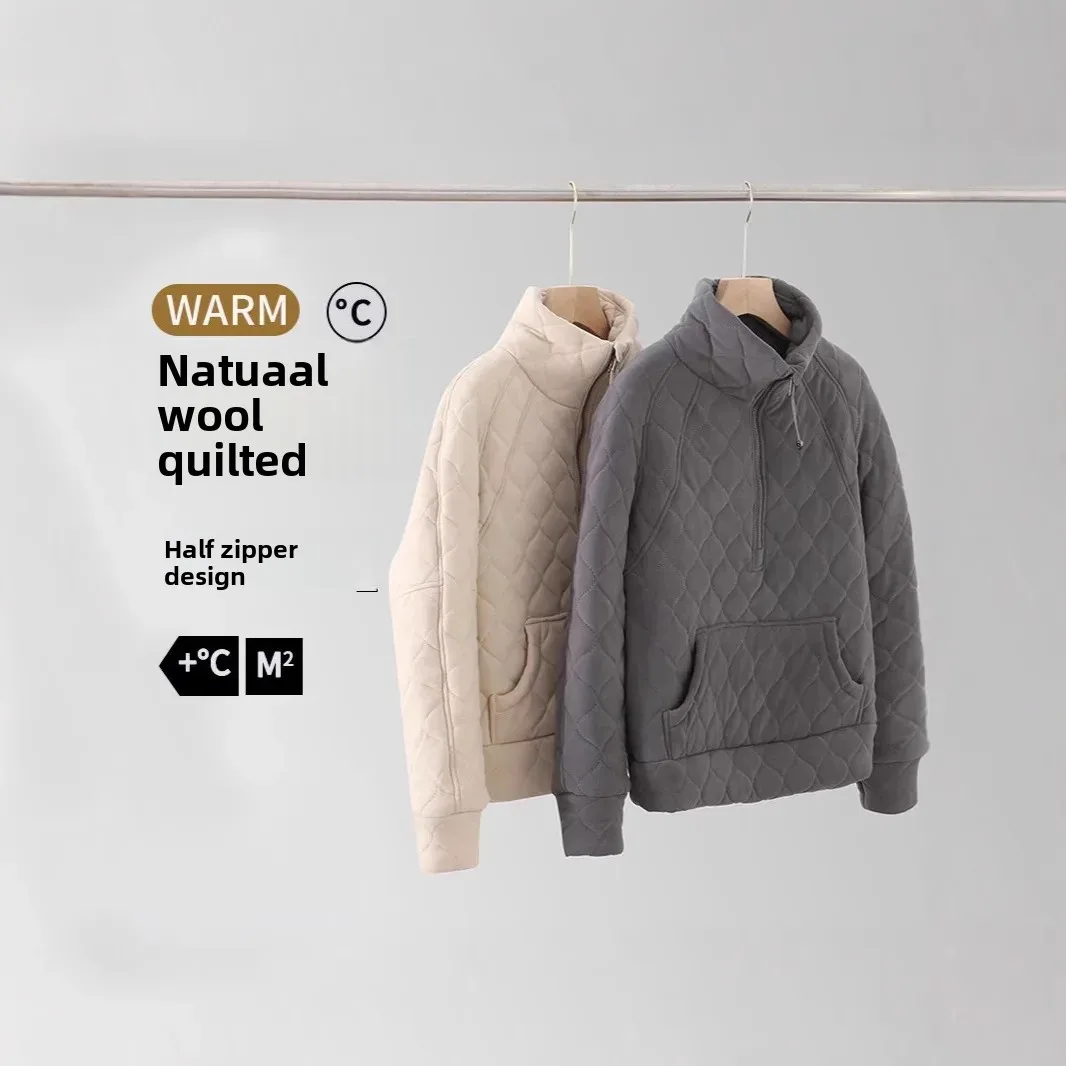 سترة نسائية من القطن الصوفي السميك من LULU بطبقات مزدوجة وسحاب وقلنسوة شتوية دافئة بياقة واقفة وأكمام كاملة