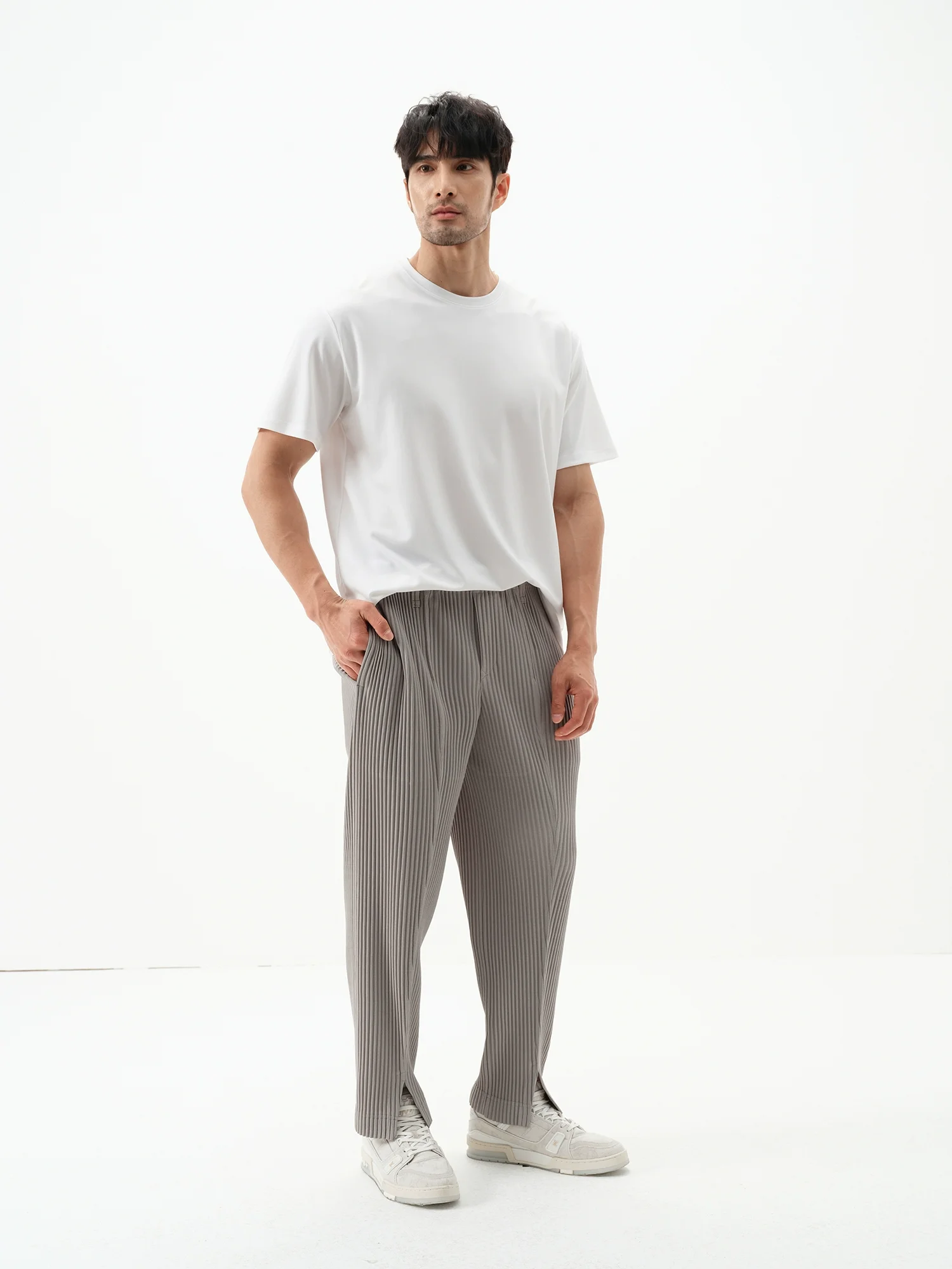 Miyake Trousers Pleated Slit Pants British Stylish Black Pants For Mens Breathable Casual Drape Everyday Pants