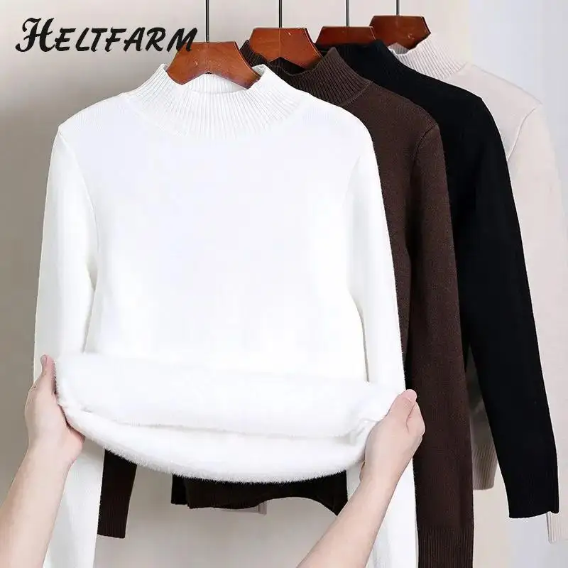 Solid Color Turtleneck Plus Velvet Pullover Sweater Women All-match Soft Thick Knitted Inner Outwear Women Sweater