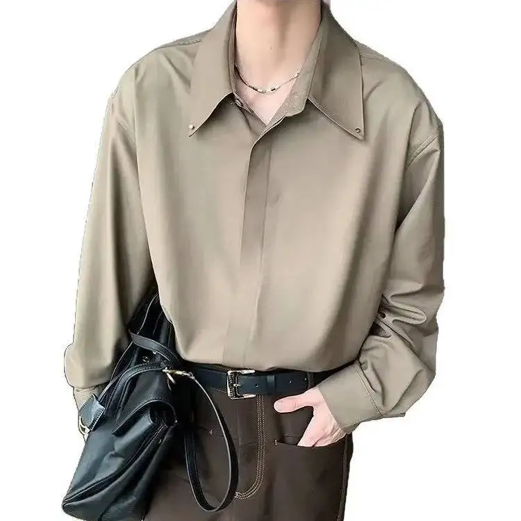 New Luxury Brown Long Sleeve Men's Loose Fit Korean Style Simple Quality Trendy Top Summer Male Fashion Casual Shirt