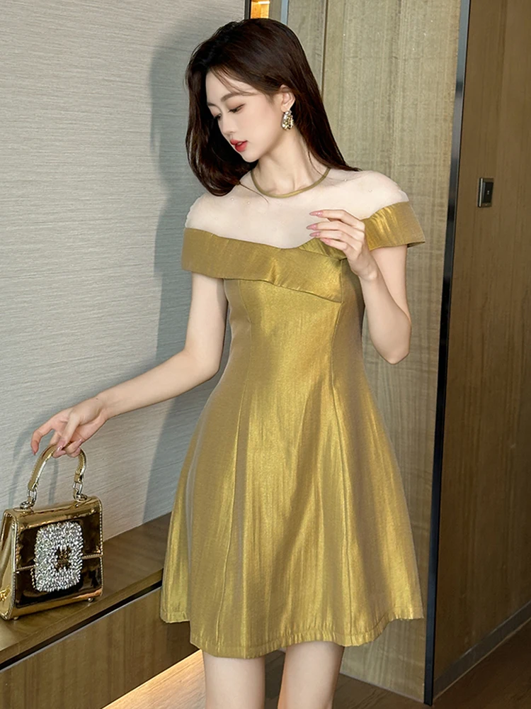 Cute Women Fashion French Retro Mini Dress Woman Sexy See Through Sheer Mesh Splice Swing Party Vestidos Prom Banquet Gown Femme