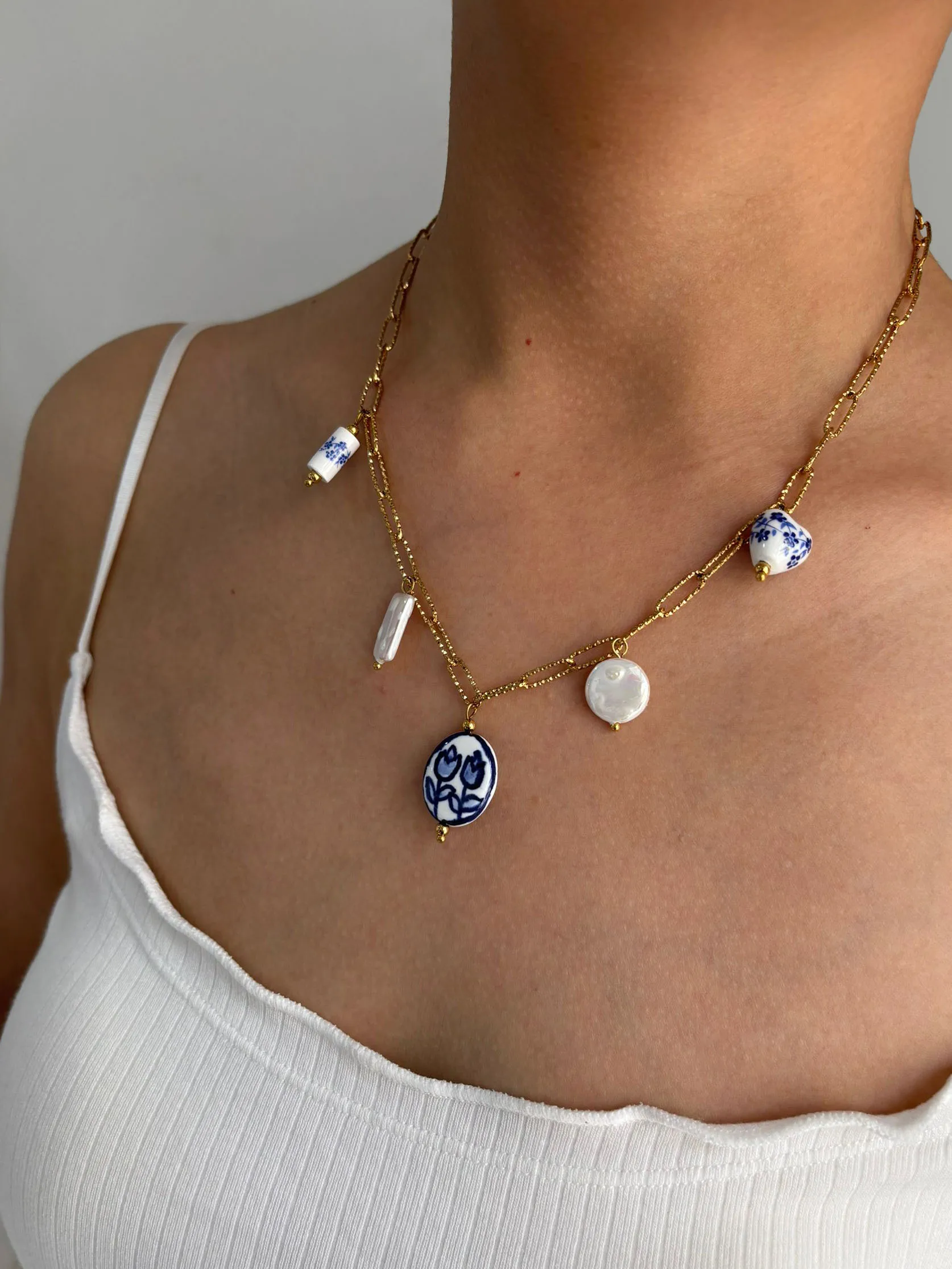 Peri'sbox Creative Design Heart Geometric Ceramic Imitation Pearl Pendant Necklace for Women Trendy Stainless Steel Jewelry Gift