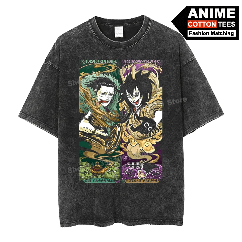 

Retro Street styl T Shirt Anime ONE PIECE - Sir.Crocodile & Caesar Clown Print Clothes Cotton Loose Men Women Short Sleeve Tees