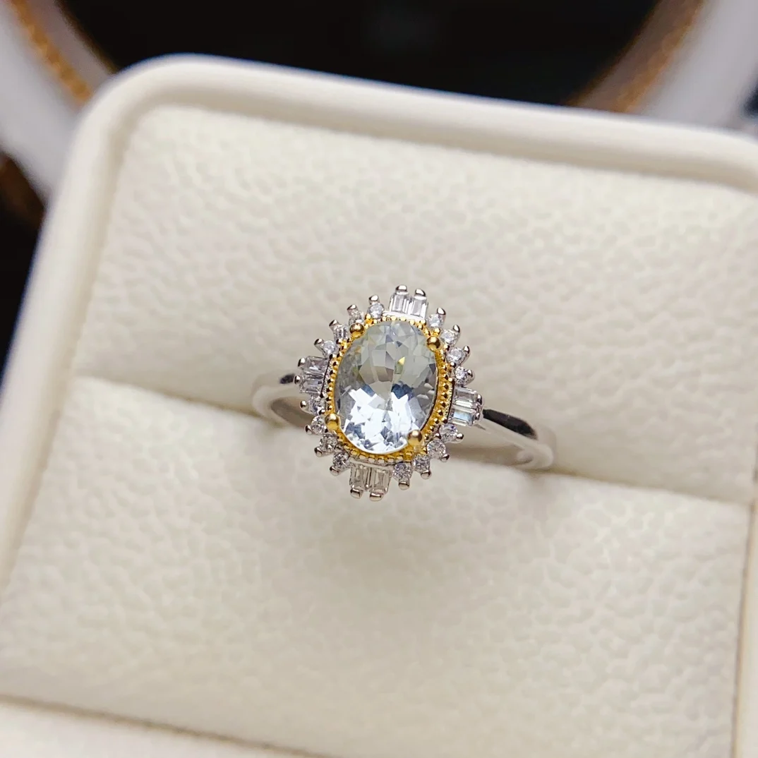FS 6*8mm Natural Aquamarine Ring S925 Sterling Silver Fine Charm Weddings Jewelry for Women Certificate MeiBaPJ Christmas Gift