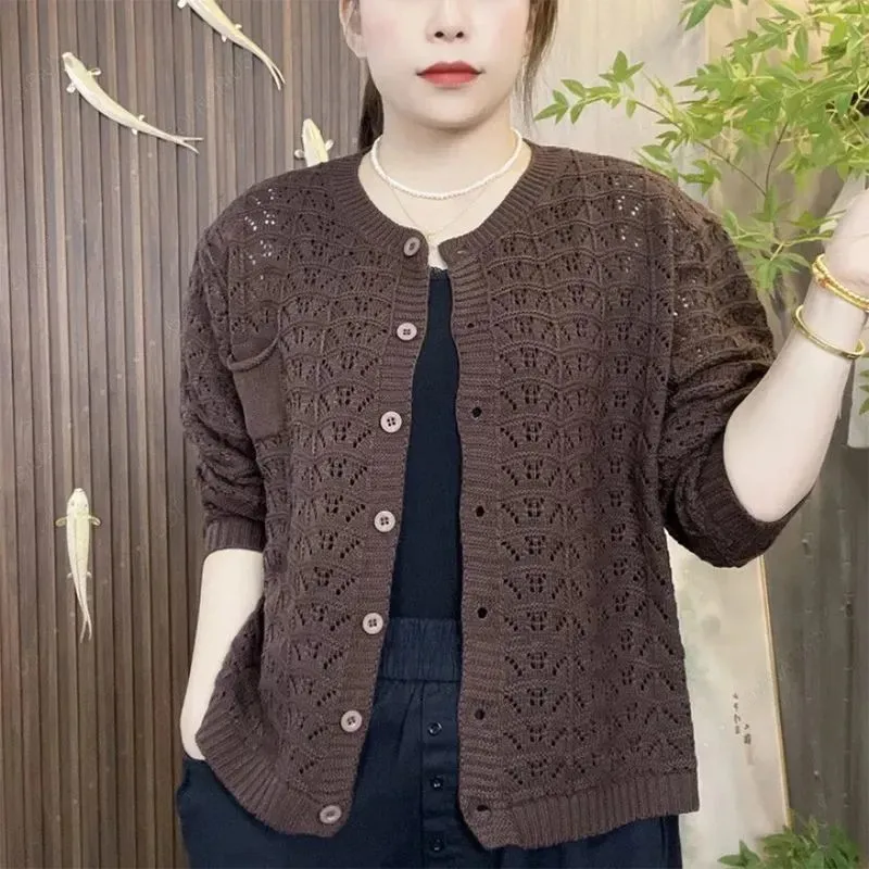 Primavera Nuovo Cardigan lavorato a maglia scavato Top Donna Moda Mamma O-Collo Maniche lunghe Maglione Scialle Maglieria Abbigliamento Donna B1232