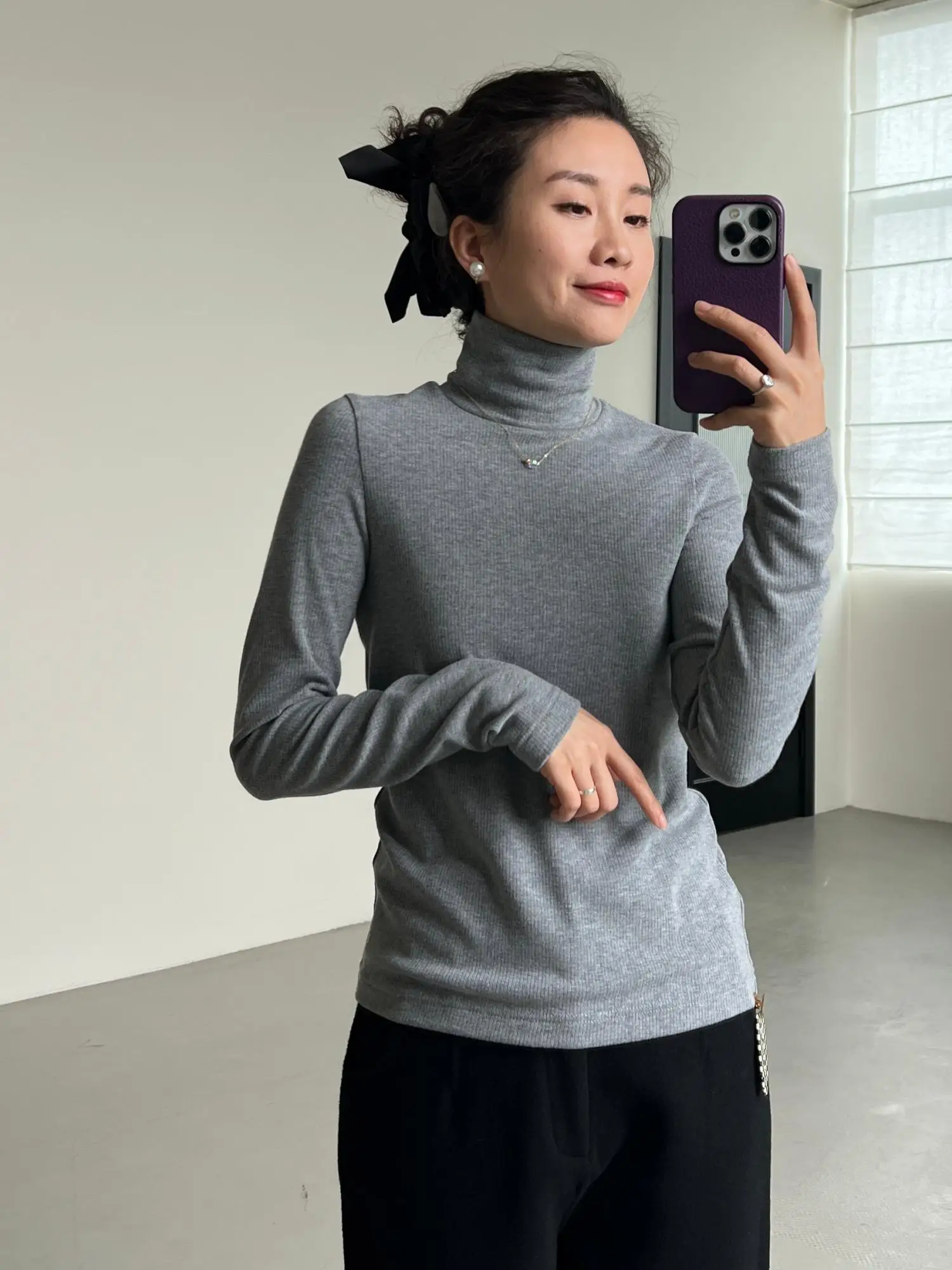 

Elastic Slim Fit High Collar Long Sve T-irt Women's Base irt ey Autumn Winter Ladies Faion mat Sle