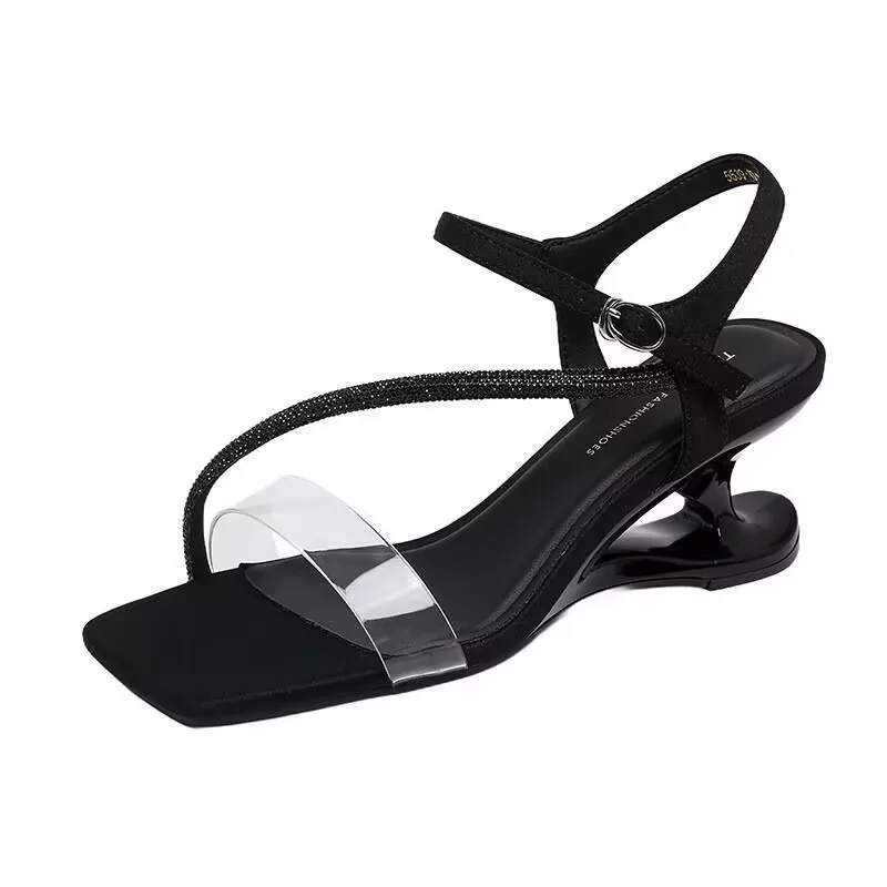 2026 Summer New Temperament Square Toe One Strap High Heel Sandals Women's Open Toe Rhinestone Shoes view 4