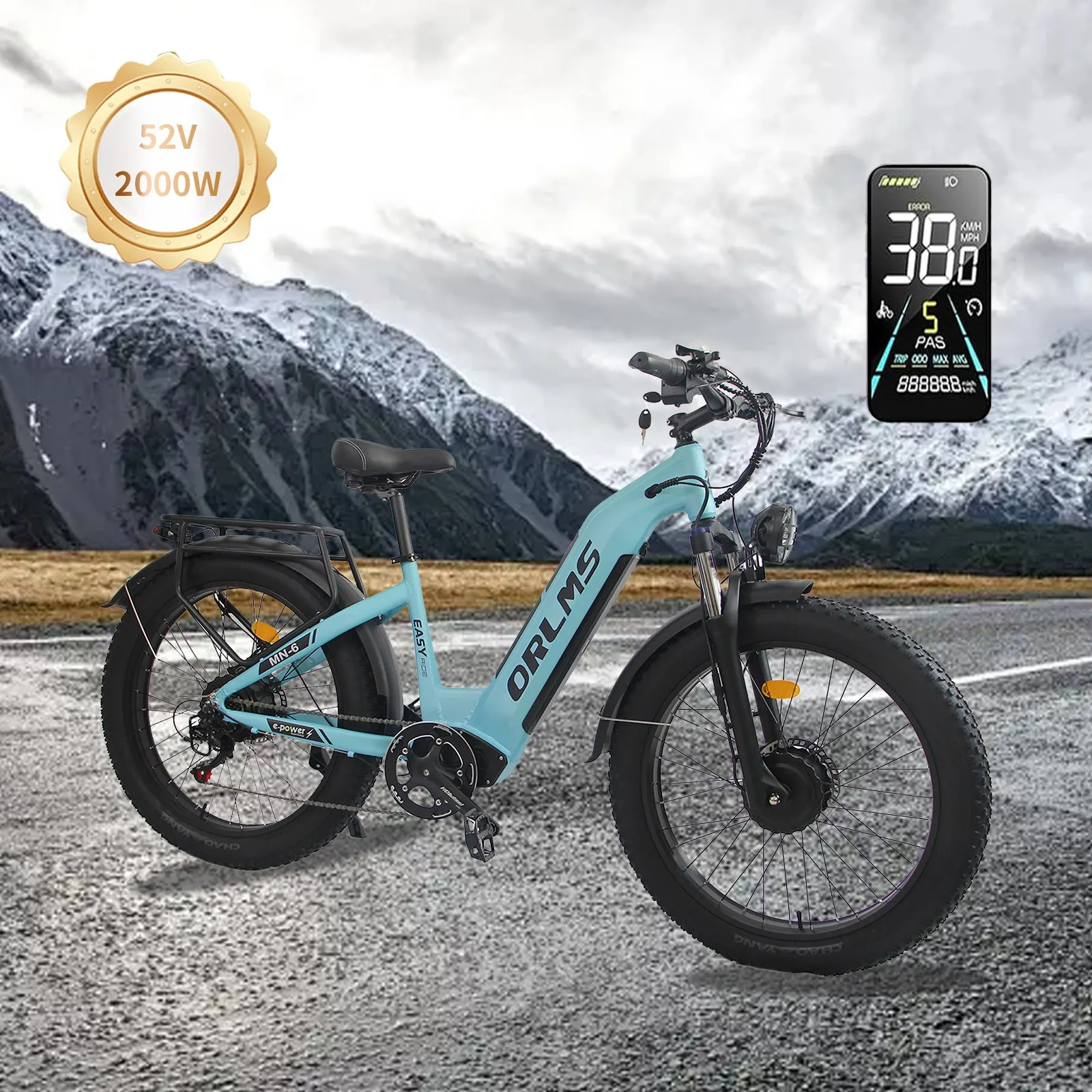 Vélo électrique tout-terrain ORLMS MN-6 - Conquérez les montagnes enneigées 100N*2 Motor 52V 23AH, fourche à suspension, 62KM/H, prêt pour l'aventure hivernale