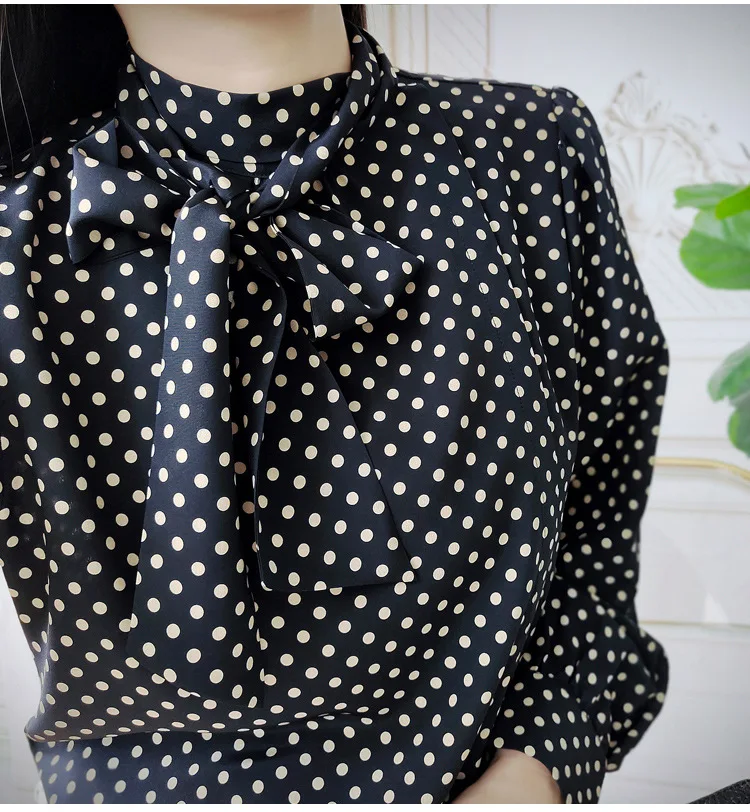 

High-End 18mm Silk Top Women Polka Dot Print Tie Bow Long Sleeve Shirt Spring Early Autumn