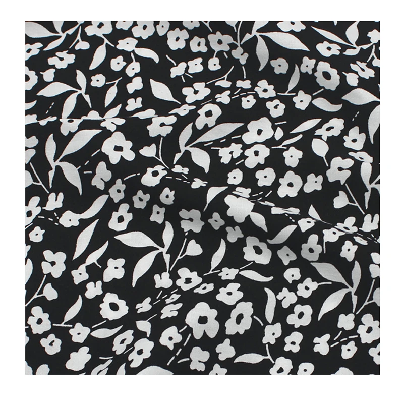 Black and White Cotton Floral Fabric Pastoral Style Printed Cloth for Sewing Clothes DIY Handmade by half Meter