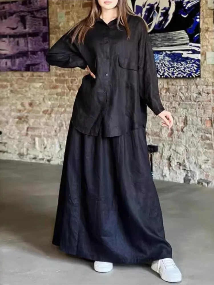 

Elegant And Simple Solid Color Commuting Dress Set Autumn Retro Lapel Long-sleeved Shirt Loose Casual Skirt Two-piece Set