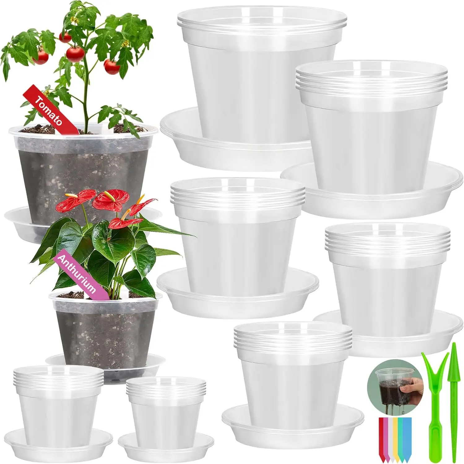 

Пластиковые горшки для рассады с дренажными отверстиями и поддонами, горшки для выращивания саженцев с крышками