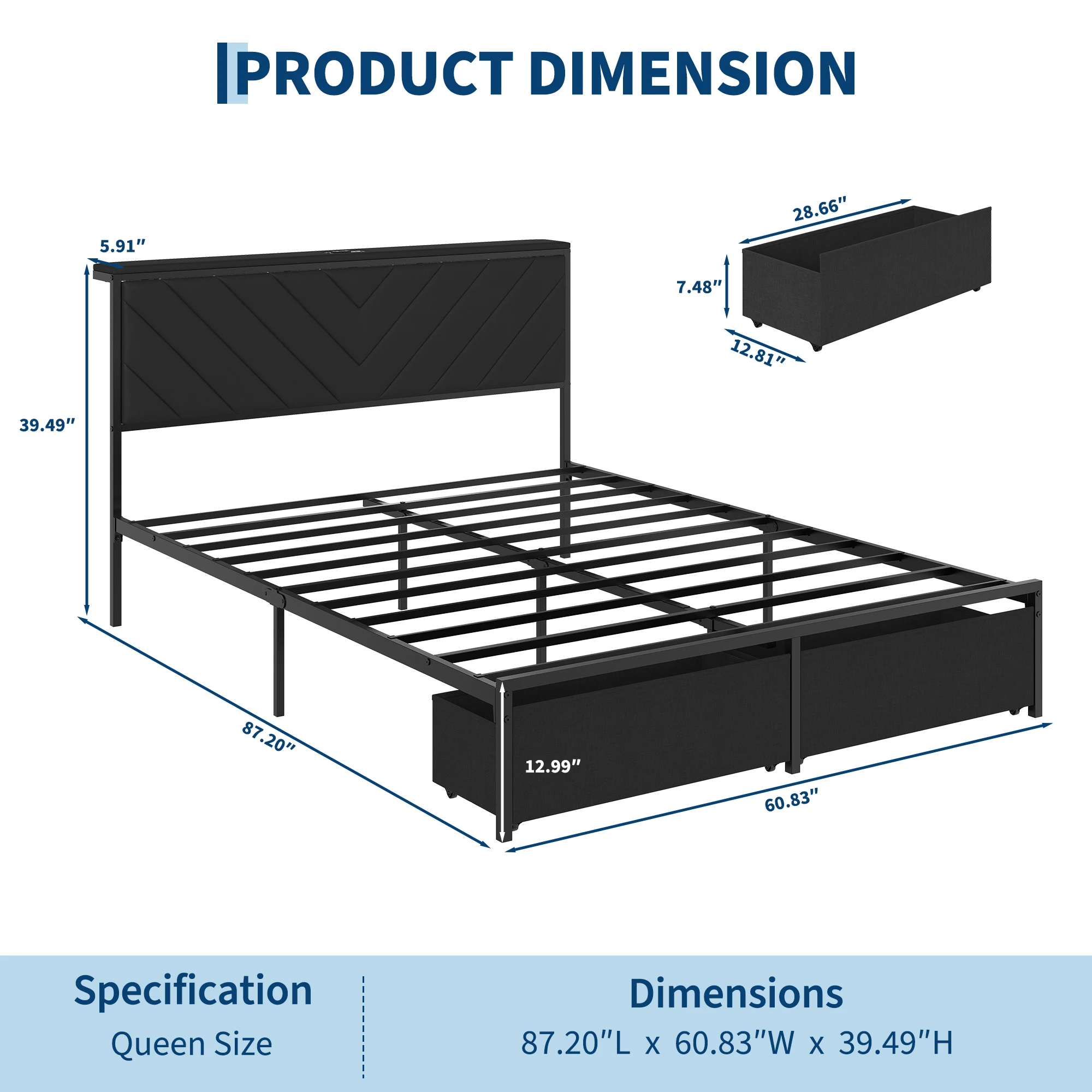 Upholstered Bed Frame with 2 Under-Bed Storage Drawers & Built-in Charging Station – No Box Spring Needed, Easy Assembly, Noise-Free Metal Platform for Apartment