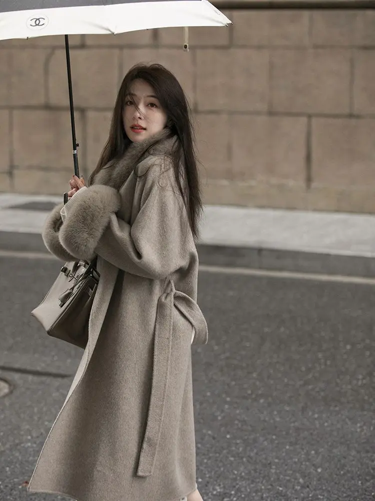 Women Real Fox Fur Collar Loose Long Robe Pocket Coat With Belt Winter Warm New Fashion Poncho Cloak Woolen Streetwear Overcoat