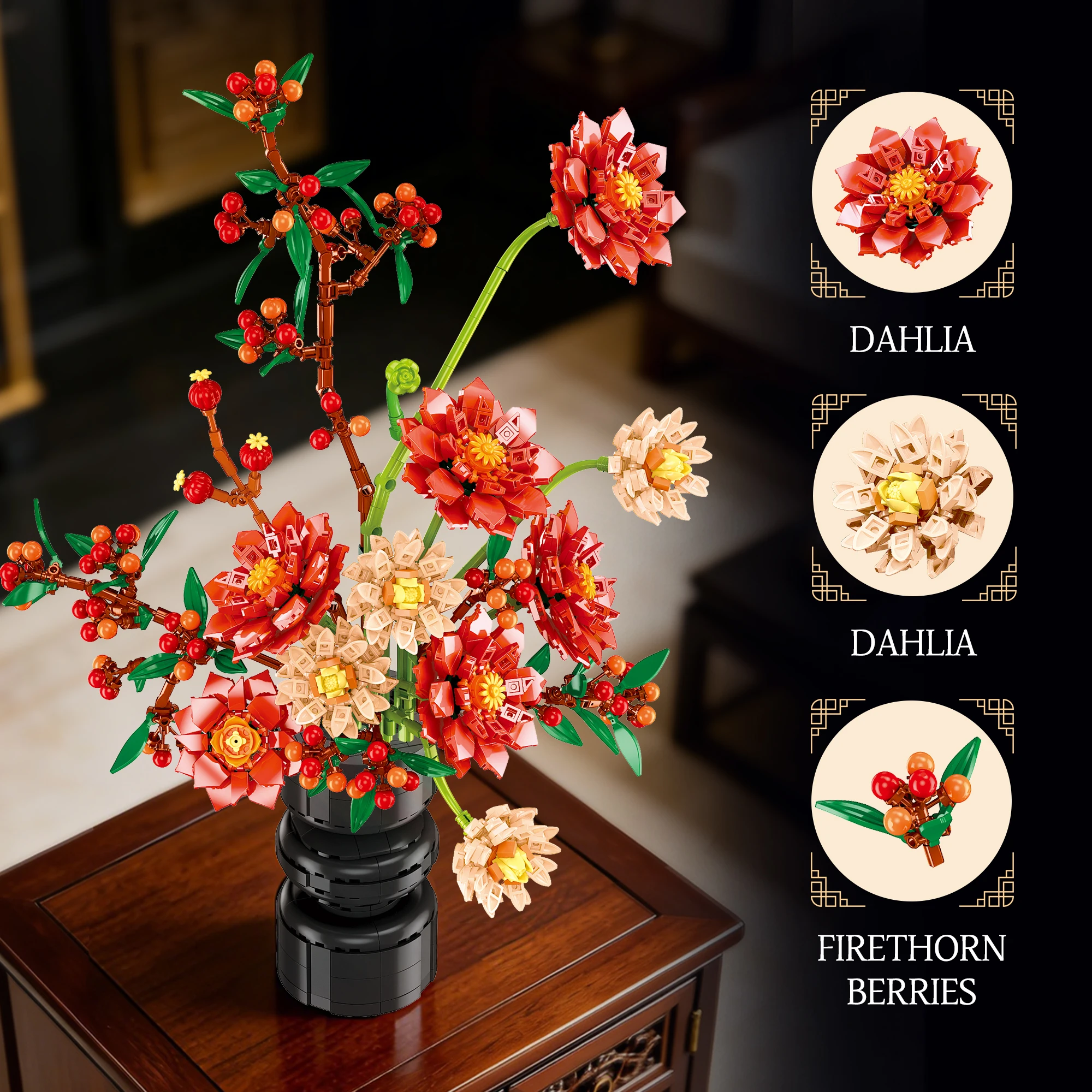 Klocki konstrukcyjne w kształcie bukietu kwiatów w butelce, róże, słoneczniki, model DIY do dekoracji biurka w domu, kreatywny prezent dla kobiet, dorosłych i nastolatków.