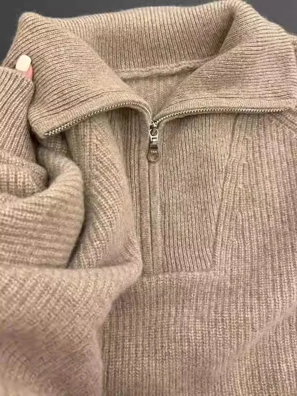 

Thiened Oversize Autumn Winter Women's Knitted Sweater with Zipper High Collar Bear Fur f Zipper Hoodie Casual Sle