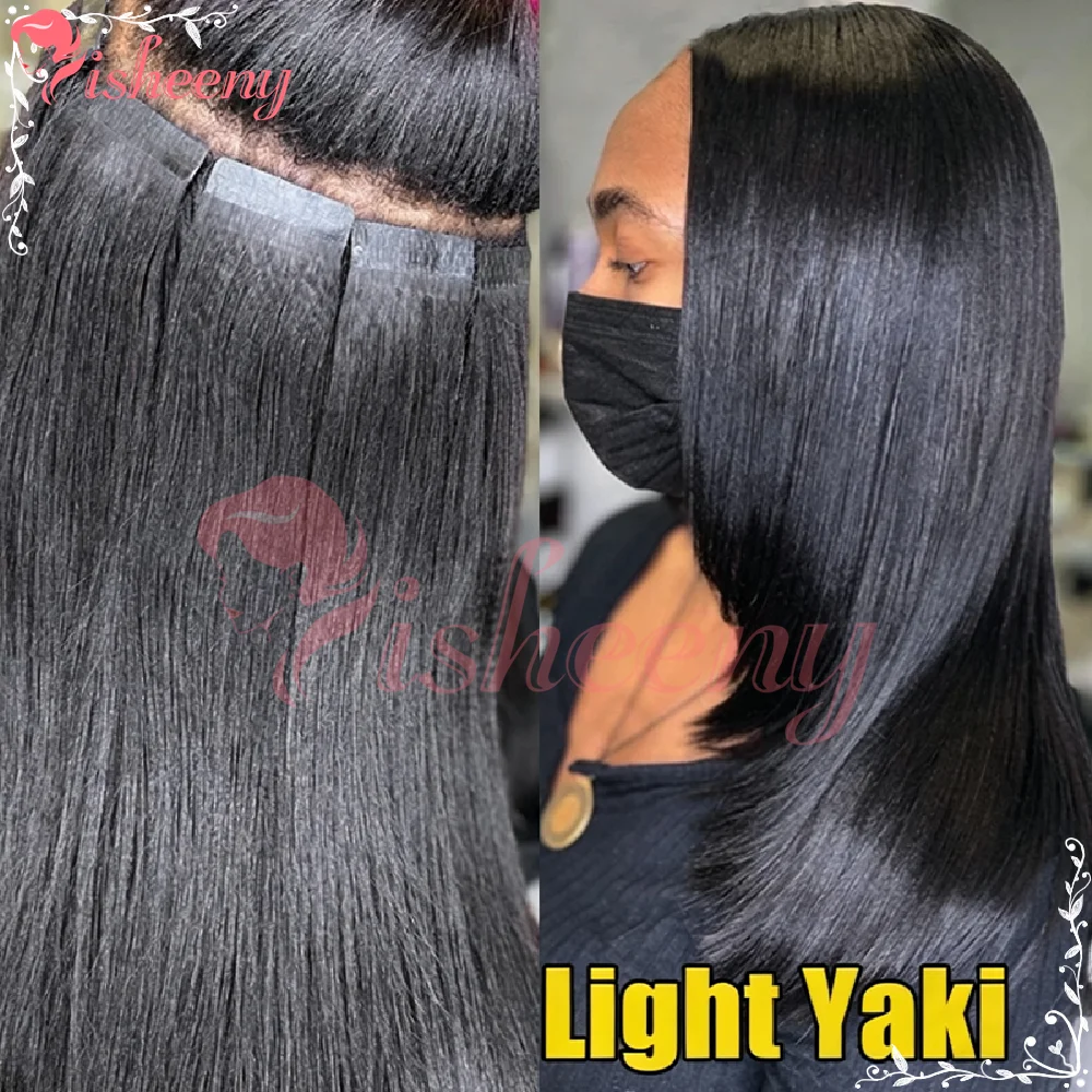 Isheeny Light Yaki Tape In Hair Extensions Real Human Hair 1B Black Straight Seamless Skin Weft Tape Ins Reusable Easy Install Natural Blend For Daily Salon Use