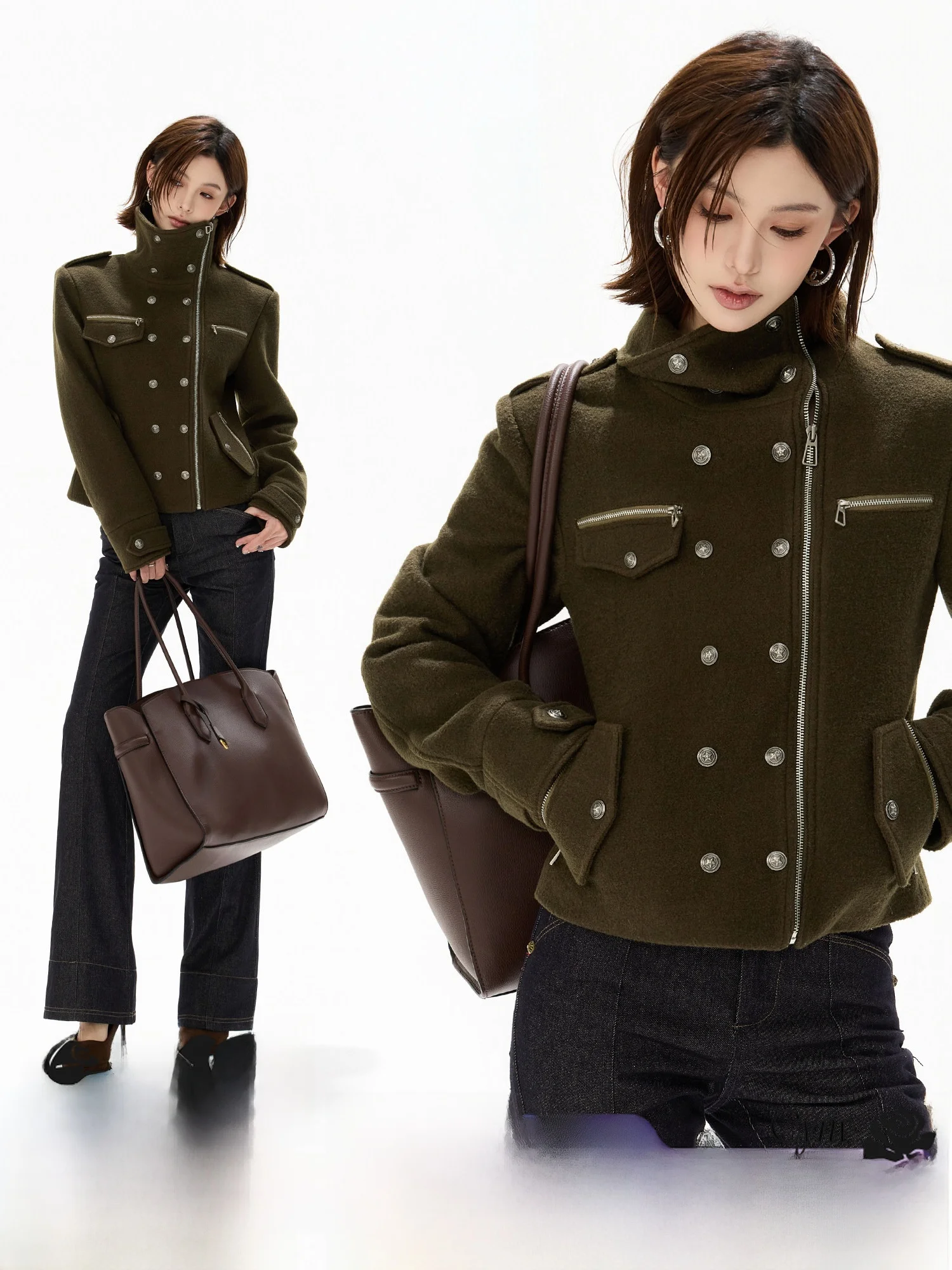 

CYNR Original Design Retro Cool Wool Felted Metal Double Buttoned Biker Collar ort Jaet Women's Thiened Winter Outerwear