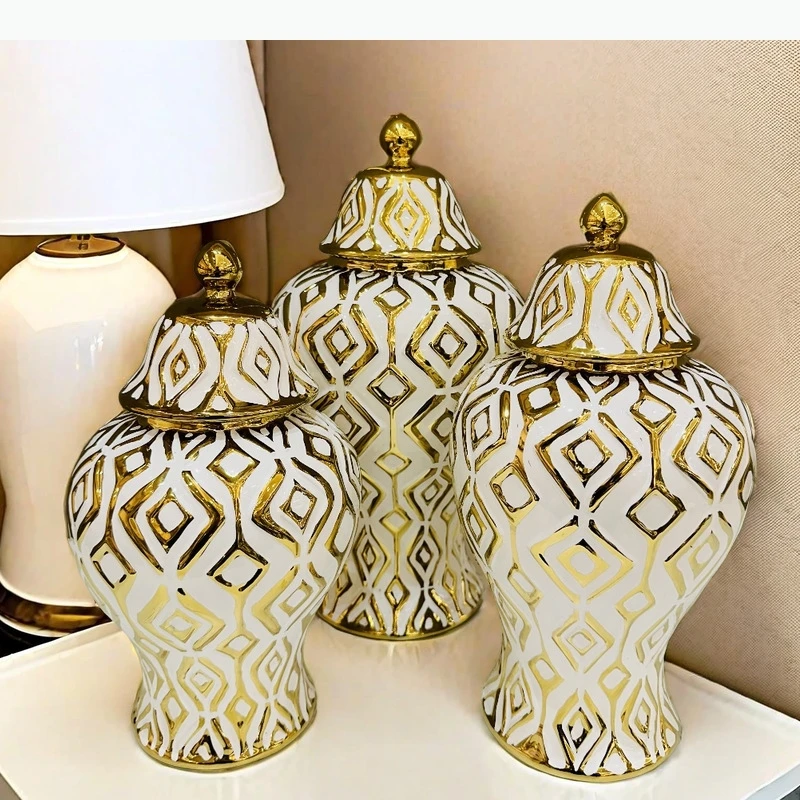 Ceramic Checkmate Jar Geometric Pattern Jar Porcelain Sealed Storage Flower Vase Home Decoration
