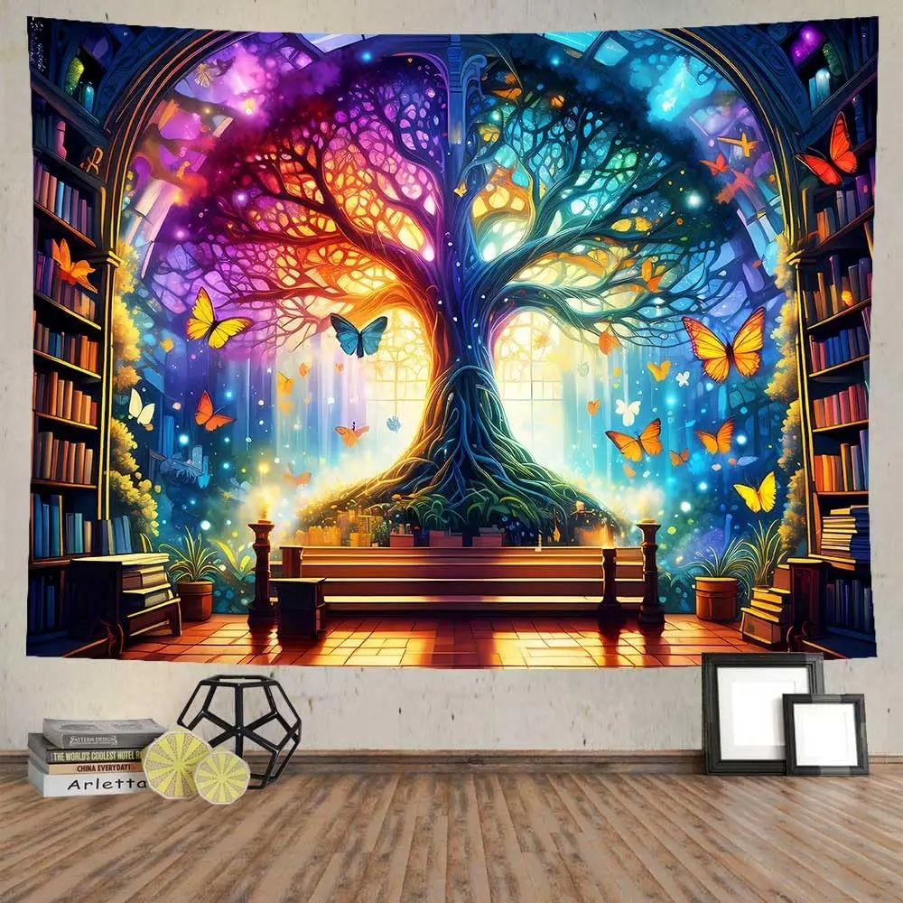 

Fantasy Library Tapestry Mysterious Tree Magic Bookshelf Tapestries Classroom Flannel Witchy Fairytale Tree Butterfly Vintage