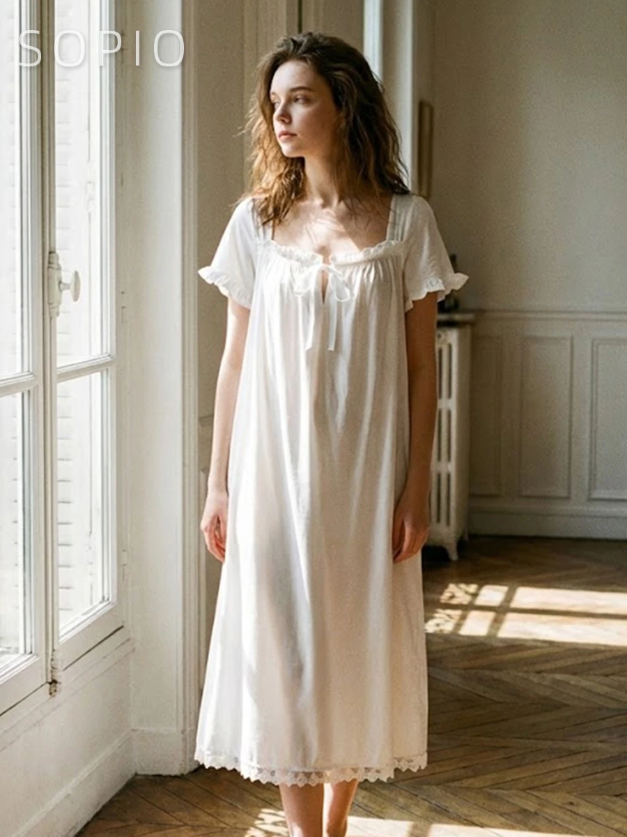 

Женское летнее хлопковое трикотажное платье миди с кружевными вставками, квадратным вырезом и оборками, элегантная свободная ночная сорочка/домашняя одежда 2026